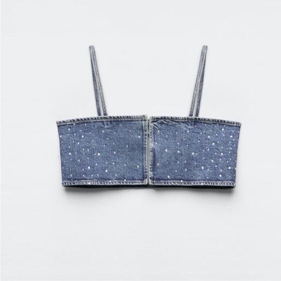 Zara Blue Denim Rhinestone Embellished Crop Top - Picture 6 of 12
